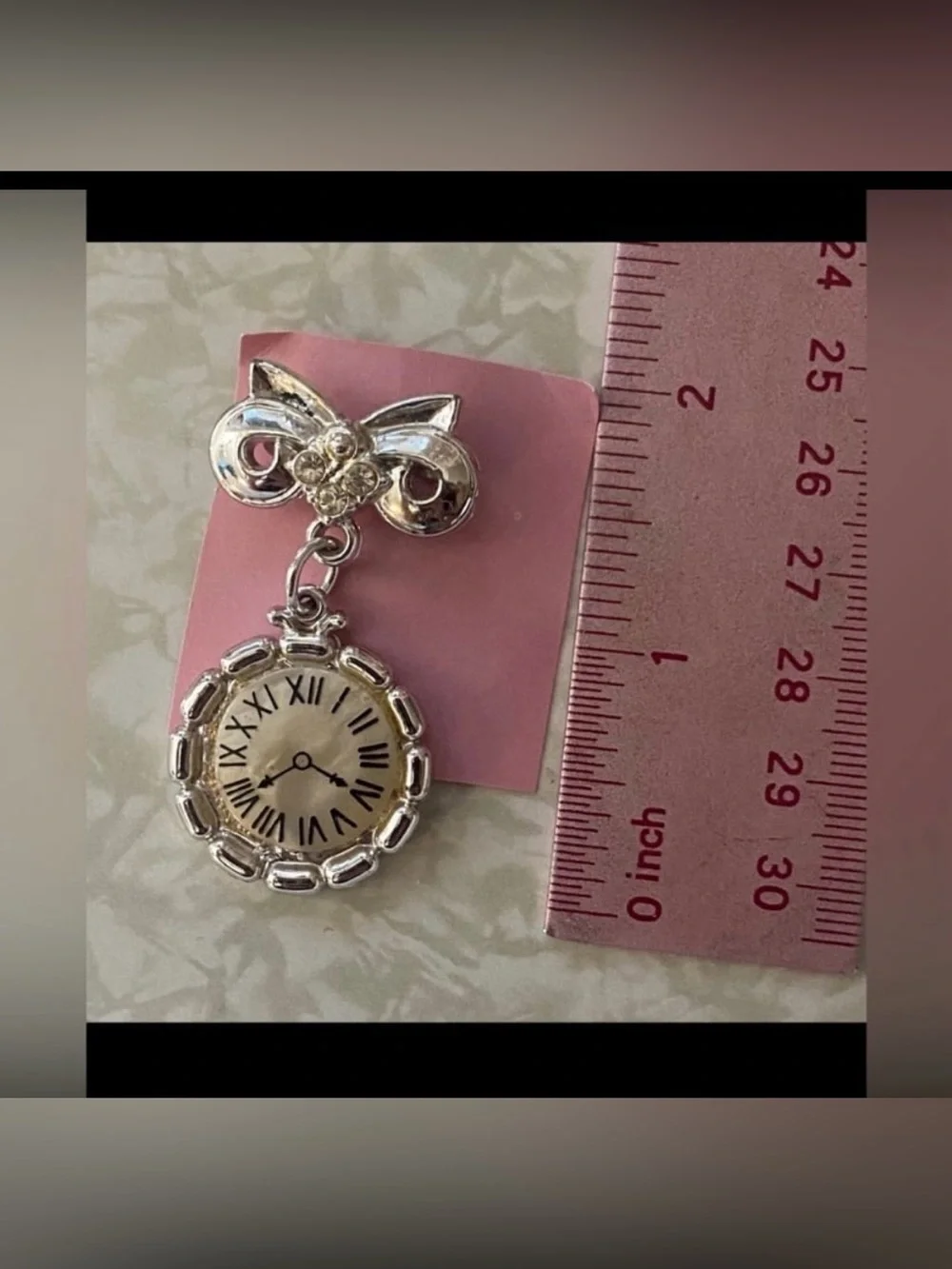 Vintage Silver Tone Faux Watch & Holder Brooch #6162